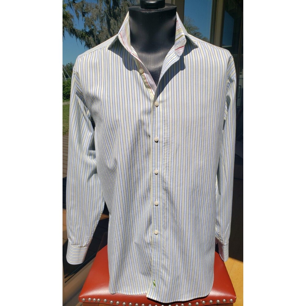 Tailorbyrd Blue Green Striped Flip Cuff Sz Large Collared Dress Shirt Long Slve